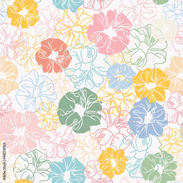 Fototapeta Abstract scrunchie seamless repeat pattern. Random placed, vector outlined and fill pastel colored hair accessory all over surface print.