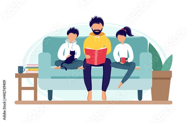 Obraz Stay home during the coronavirus epidemic. Dad reading for kids on the couch. Family sitting on the sofa with book. Illustration in flat style for father's day. Self-isolation.