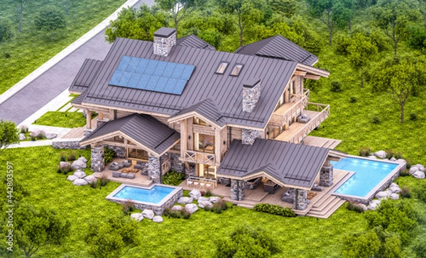 Fototapeta 3d rendering of modern cozy chalet with pool and parking for sale or rent.  Massive timber beams columns. Beautiful forest mountains on background. Clear summer evening with cozy light from window