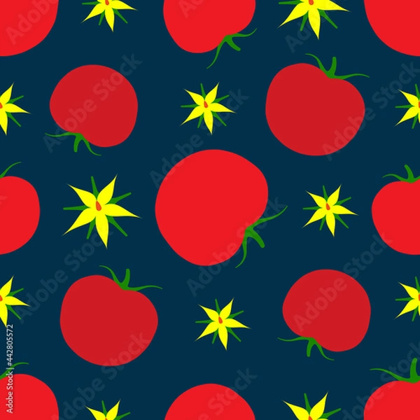 Fototapeta red tomatoes and yellow flowers on a dark background. Seamless background. Vegetable design for printing on textiles, packaging. Vector, illustration