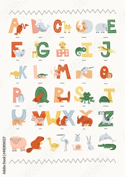 Fototapeta Vector children's poster with the Portuguese alphabet and animals, with captions to them. Flat modern illustration in muted colors with simple light drawings