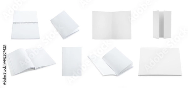 Fototapeta Set with blank paper brochures on white background. Mockup for design