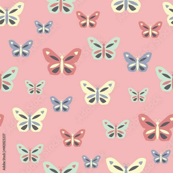 Obraz Colorful butterflies on pink repeat seamless vector background pattern design