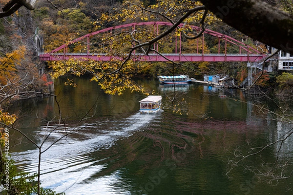Obraz 広島県帝釈峡、遊覧船帰還。
