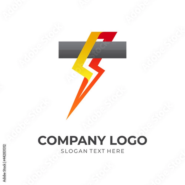 Fototapeta strom icon, thunder and letter T, combination logo with 3d colorful style