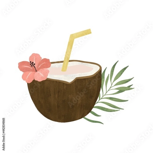 Fototapeta illustration of a cocktail in a coconut with a straw with a tropical flower. isolated on white background. 