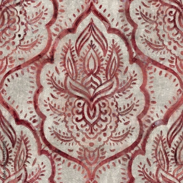 Fototapeta Seamless grungy tribal ethnic rug motif pattern. High quality illustration. Distressed old looking native style design in faded sun burnt red and cream colors. Old artisan textile seamless pattern.