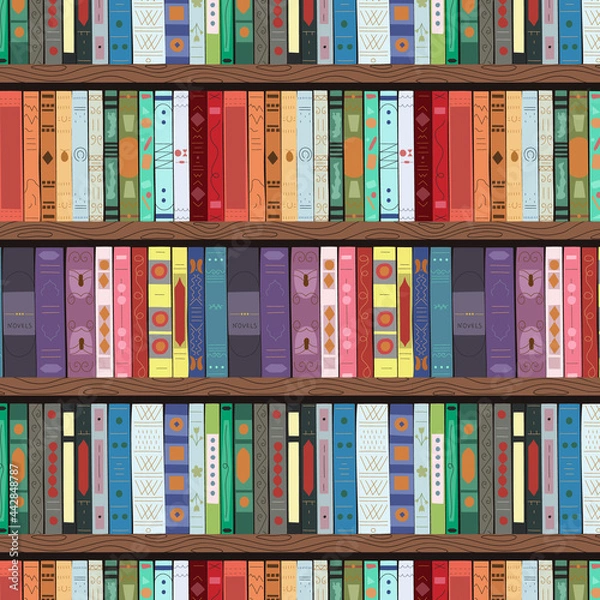 Obraz Wooden bookcase full of different books. Seamless pattern. Education library and bookstore concept. 