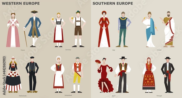 Fototapeta A collection of traditional costumes by country. Europe. vector design illustrations.
