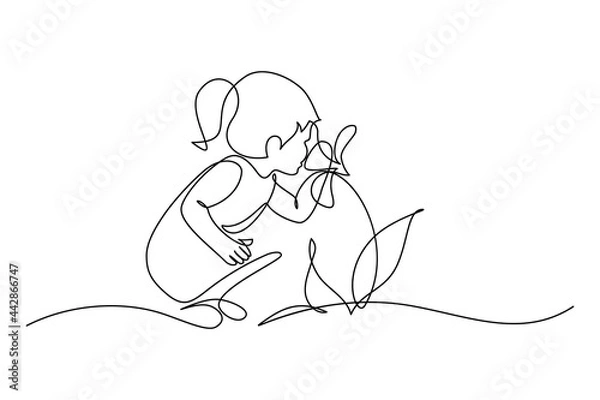 Obraz Child smelling flower in continuous line art drawing style. Small girl squatted down to sniff the fragrant flower. Black linear sketch isolated on white background. Vector illustration