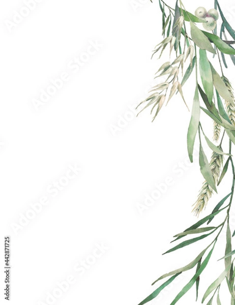 Obraz Watercolor floral frame. Hand drawn greeting card design with green leaves and branches isolated on white background. Eucalyptus, fern plants illustration