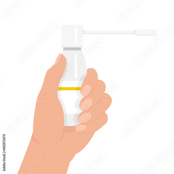 Fototapeta in hand throat aerosol, throat medicine, medicine concept, disease treatment concept. sore throat treatment. Medicine healthcare concept. Medical background