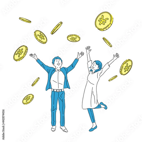 Fototapeta お金が降る、喜ぶ男女、儲ける、稼ぐ、コイン