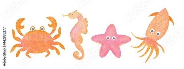 Fototapeta Set of four fantasy textured animals hand drawn digital illustration crab seahorse starfish octopus