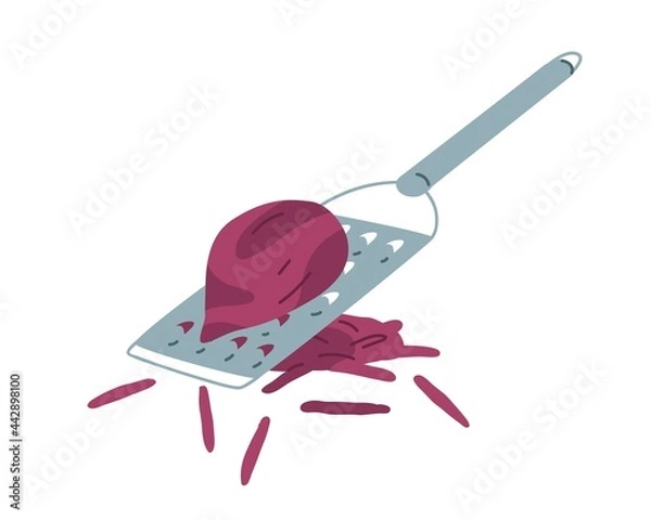 Fototapeta Vegetable grating with metal hand grater. Preparing beet ingredient for cooking, shredding it into straw pieces. Rubbing beetroot over sharp tool. Flat vector illustration isolated on white background