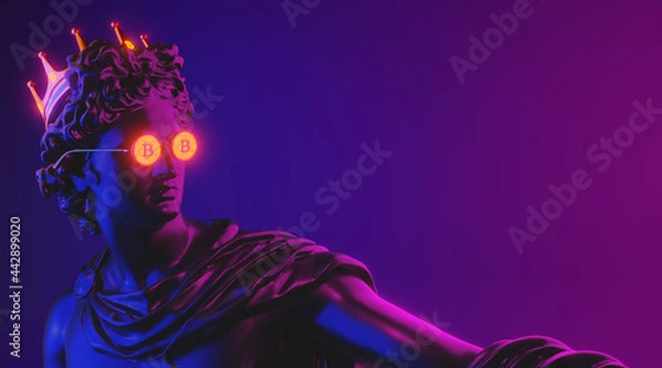 Fototapeta Twórczy. Tynk statua głowy Apollo w Bitcoinglasses. Minimalna sztuka koncepcyjna. Render 3D.