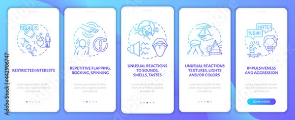 Obraz ASD diagnosis onboarding mobile app page screen. Repetitive flapping, spinning walkthrough 5 steps graphic instructions with concepts. UI, UX, GUI vector template with linear color illustrations