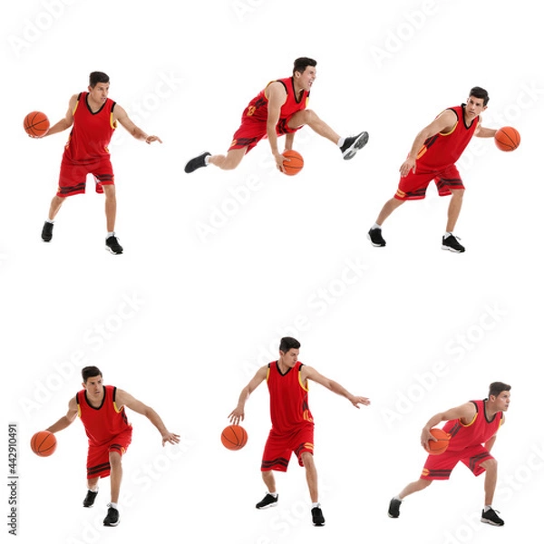 Fototapeta Professional sportsman playing basketball on white background, collage