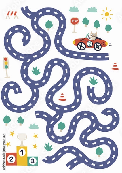 Fototapeta Cute kids labyrinth maze game fun education for children with funny nice cats formula racing car race on white background childish vector illustration. help find path. activity page sheet
