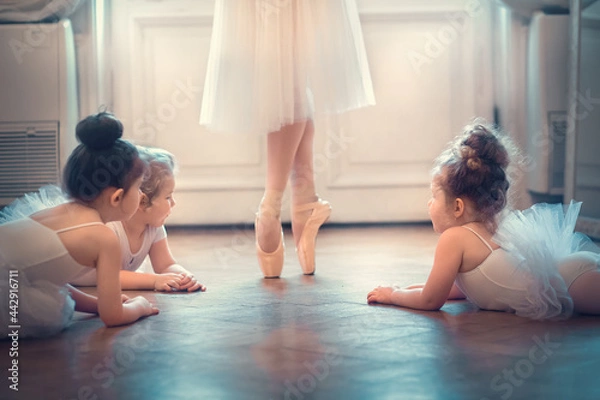 Fototapeta Three little funny ballerinas are looking with delight at feet in pointe shoes of dancing adult ballerina. Image with selective focus and toning