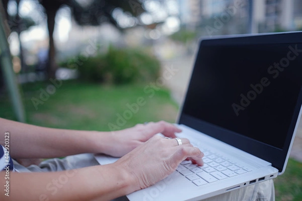 Fototapeta Female hands on laptop, woman types on keyboard sitting in park.