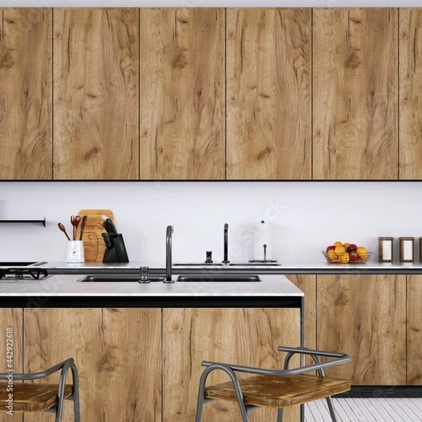 Obraz Contemporary Kitchen with Medium Toned Wooden Cabinets, White Planks Floor and Quartz Counter-tops.