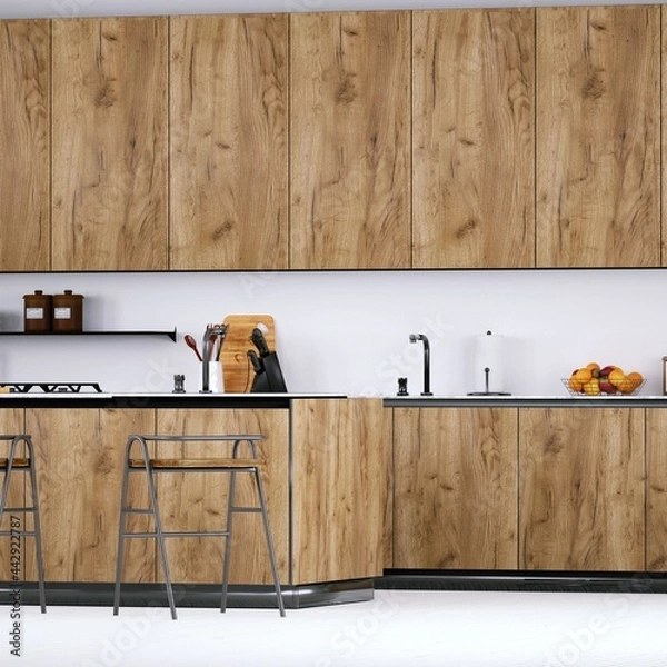 Obraz Contemporary Kitchen with Medium Toned Wooden Cabinets, White Planks Floor and Quartz Counter-tops.