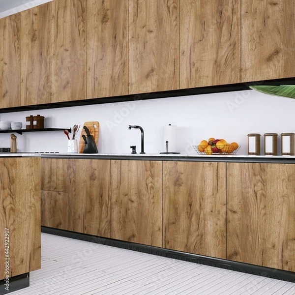 Obraz Contemporary Kitchen with Medium Toned Wooden Cabinets, White Planks Floor and Quartz Counter-tops.