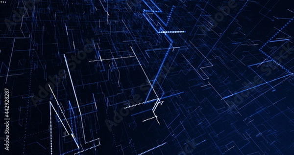 Fototapeta Rapidly moving 3d network of connecting blue and white glowing lines on a black background