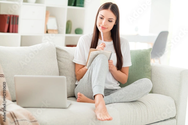 Obraz Photo of smart curious lady hold pad write notes think pen chin wear white t-shirt sit couch in room indoors