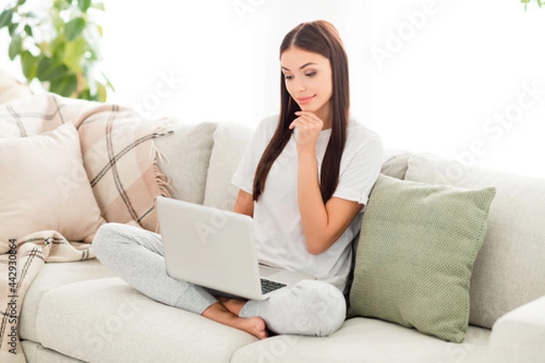 Obraz Photo of clever minded lady look pc screen finger chin think solution wear white t-shirt sit sofa in room indoors