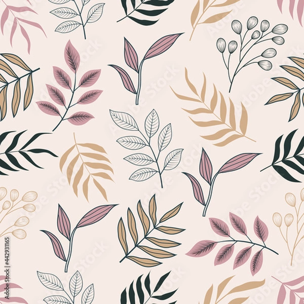 Obraz Seamless pattern of botanical floral tropical flowers and leaves line art sketch style vector illustration