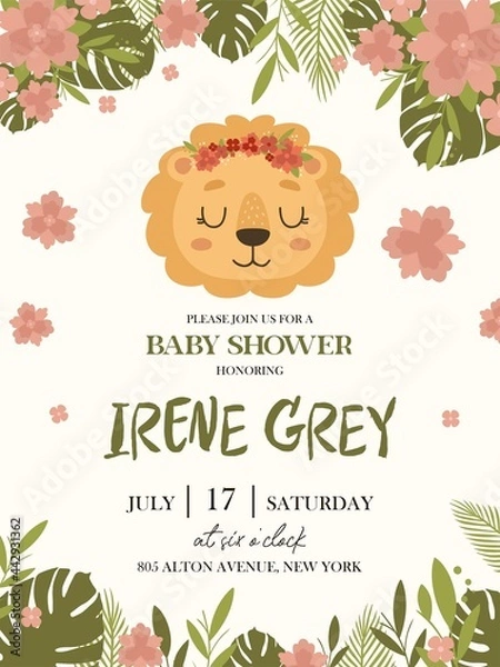 Obraz Invitation template for baby shower with cartoon lion and flower and leaves. Hand drawn cute card with safari animal. For girl in scandinavian style.