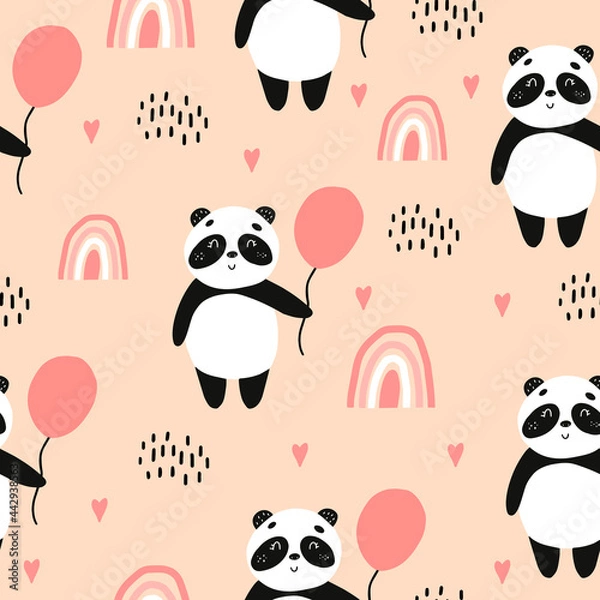 Fototapeta Seamless pattern with panda, balloon and rainbows. Vector illustration with pandas for the design of children's clothing, fabrics, towels. Cute bear with a rainbow.