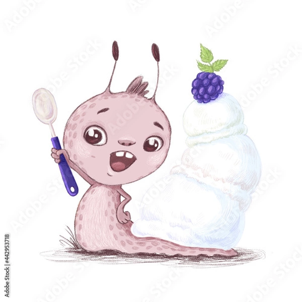 Fototapeta Illustration of a cheerful snail with ice cream on a white background
