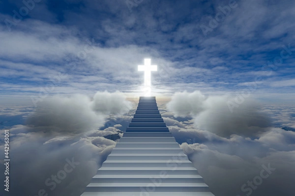 Fototapeta Stairway Leading Up To Heavenly Sky Toward The Cross of Light