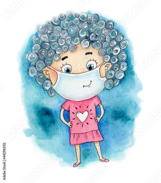 Fototapeta Watercolor drawing of a girl in a mask with a smile