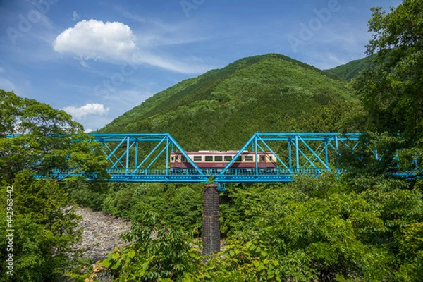 Obraz ぽっかり白い雲が浮かぶ青空のもとで水色の鉄橋を渡っていく一両編成のローカル線