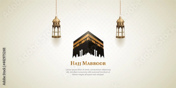 Fototapeta islamic hajj pilgrimage card design with two gold lanterns and holy kaaba
