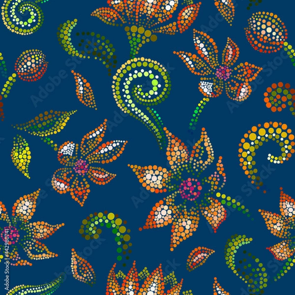 Obraz Seamless vector pattern with decorative orange flowers in a mosaic style. Elegant print or wallpaper, fabric, gift wrapping