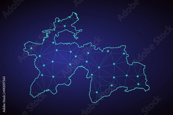 Fototapeta Map of Tajikistan. Wire frame 3D mesh polygonal network line, design sphere, dot and structure. communications map of Tajikistan. Vector Illustration EPS10. 