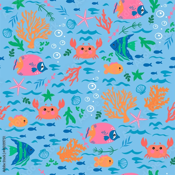Fototapeta Seamless pattern with crabs, fish, corals, algae. Vector graphics.