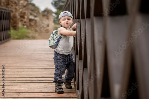 Obraz Two year old Caucasian boy posing leaning against a wooden bridge railing.