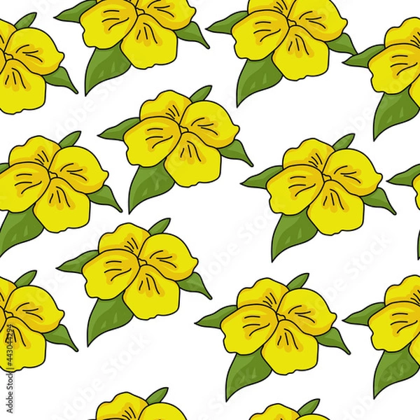 Fototapeta Bright yellow flowers seamless pattern with four petals and several leaves, simple wildflowers on a white background