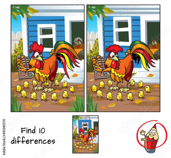 Fototapeta Rooster counting chicks. Find 10 differences