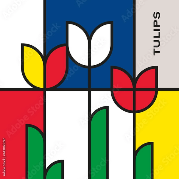 Fototapeta Bouquet of three colorful tulips. Modern style art with rectangular shapes. Piet Mondrian style pattern.