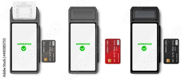 Fototapeta POS terminal Mockup template of bank payment terminal, Design. NFC payments concept. POS Terminal with Receipt Closeup Isolated. A purchase contactless or wireless manner.