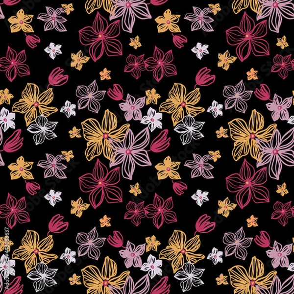Fototapeta Abstract flowers vector seamless pattern with drawing yellow, gold, silver, red . Floral watercolor background and line art hand drawn illustration. Exotic flowering autumn texture