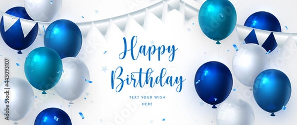 Fototapeta Elegant blue ballon and ribbon Happy Birthday celebration card banner template background
