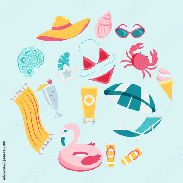 Fototapeta Vector summertime clipart. Summer set with cute beach elements: bikini, flip flops, swim ring, deck chair, glasses. flat cartoon vector illustration.

